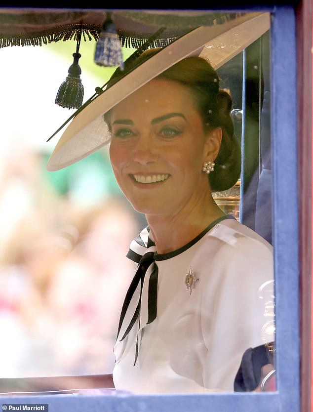 The Princess of Wales left Buckingham Palace yesterday during Trooping the Color in London