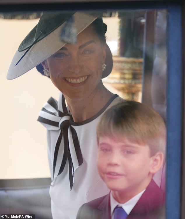 The Princess of Wales and Prince Louis looked cheerful as they arrived at the Trooping the Color ceremony yesterday.