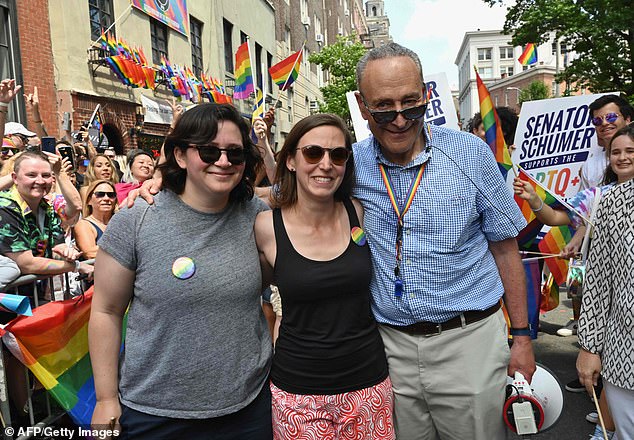 The Democratic leader, right, was celebrating at the new home purchased by his daughter Alison, left, and his wife Elizabeth Weiland, center, participating in the New York Pride March.