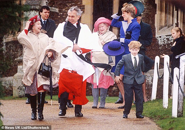 Queen Elizabeth, the Queen Mother and Princess Diana laugh as they are caught in the wind after the Christmas Day service at Sandringham in 1990.