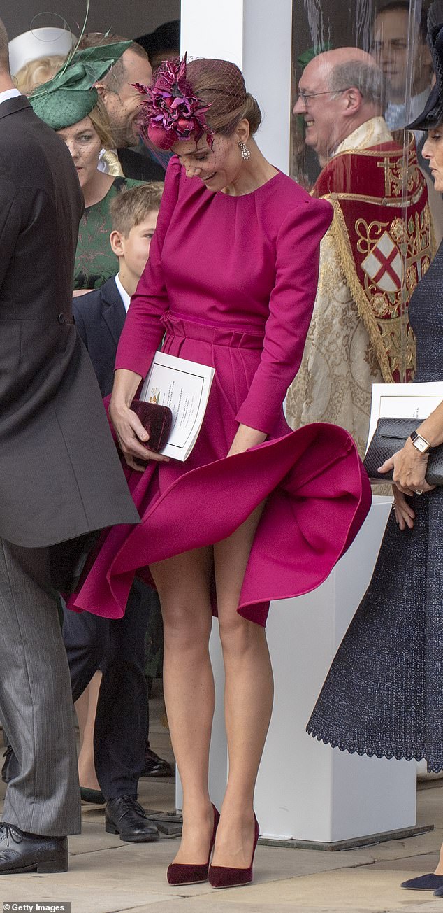 Catherine, Duchess of Cambridge, has a 'Marilyn moment' while attending the wedding of Princess Eugenie and Jack Brooksbank in 2018