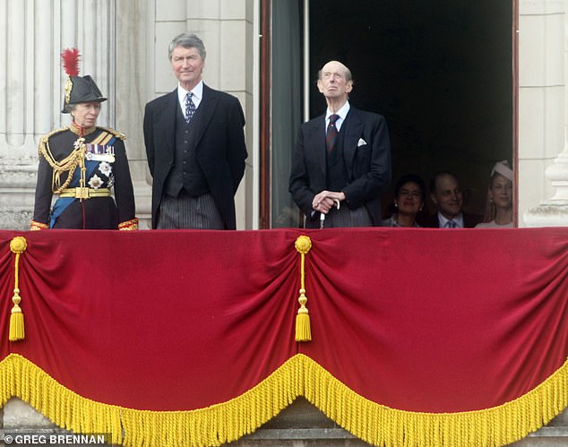 Lady Gabriella stood back from the balcony, where (pictured left to right) Princess Anne, Vice-Admiral Sir Timothy Lawrence and the Duke of Kent stood.