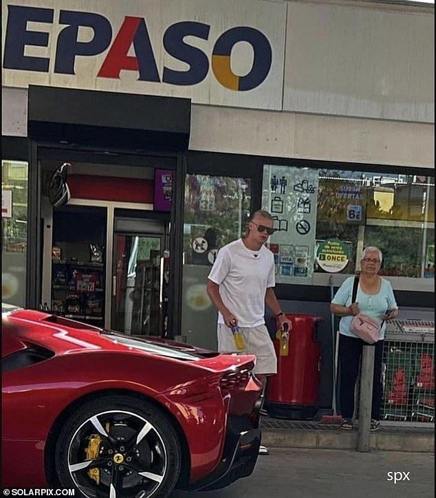 Before the attack on the club, Haaland was seen refueling his £140,000 Ferrari at a petrol station.