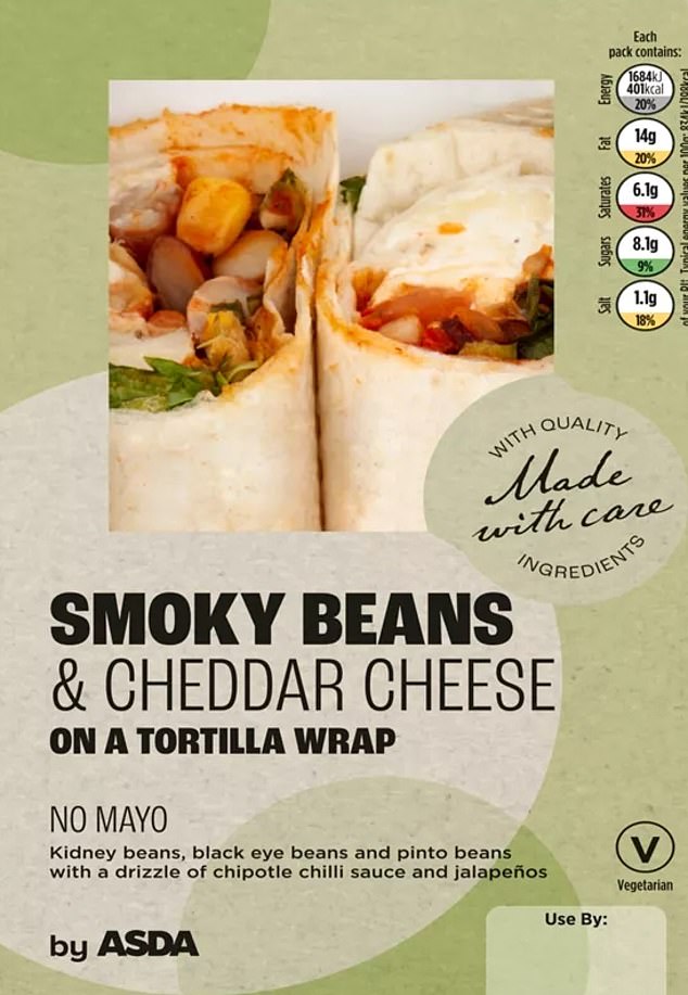 Asda's 'Smoked Bean and Cheddar Wrap' is another of more than 60 sandwiches, wraps and salads affected by the recall.