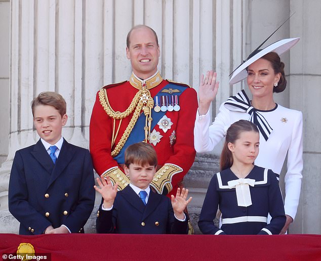 Pictured: The Prince and Princess of Wales with their three children on the balcony of Buckingham Palace on Saturday.