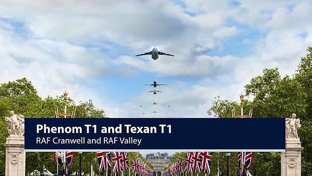 Pictured: RAF aircraft seen approaching Buckingham Palace as part of King Charles' birthday celebrations.