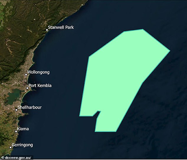 The $10 billion project will be built 20km off the Illawarra coast (highlighted) and is expected to power around 1.8 million homes upon completion.