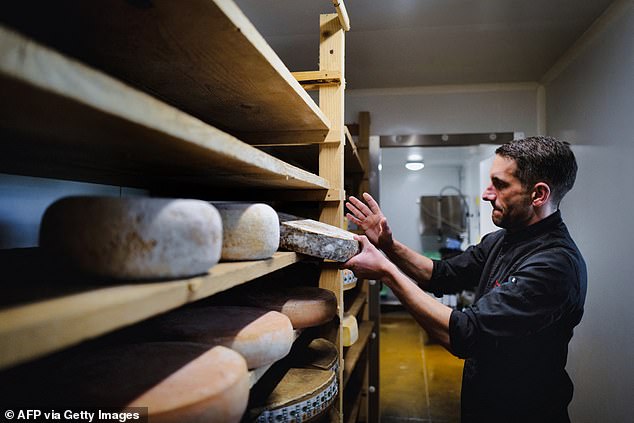 Famous local cheeses from certain regions of France include Camembert, Roquefort and Reblochon (pictured: Fabien Picard prepares his delivery to fill his cheese vending machine)