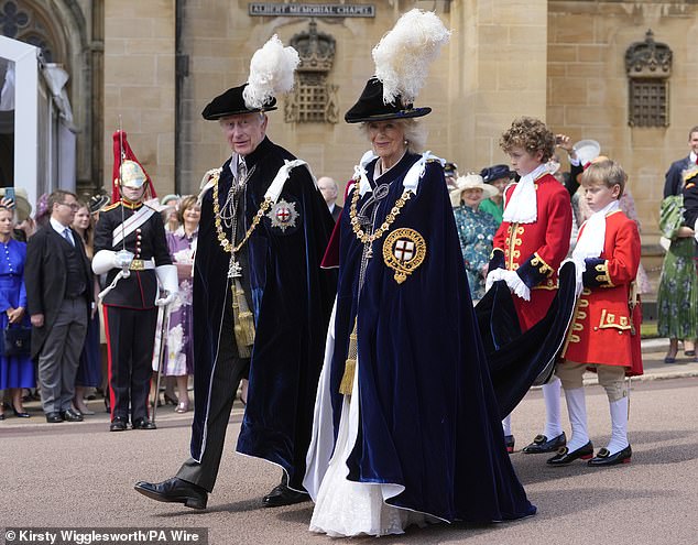 King Charles III and Queen Camilla arrive to attend the annual service of the Order of the Garter at St George's Chapel.