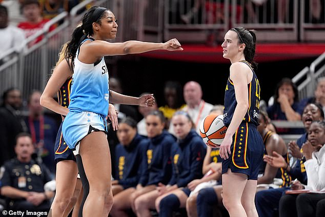 Angel Reese #5 of the Chicago Sky reacts after fouling Caitlin Clark #22 of Indiana Fever