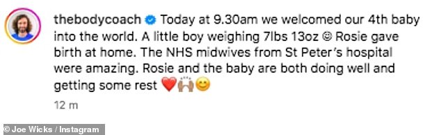 The Body Coach star, 38, and his loving wife, 33, announced the happy news on Instagram alongside a gorgeous photo of the newborn on Monday (seen with daughter Indie, six).