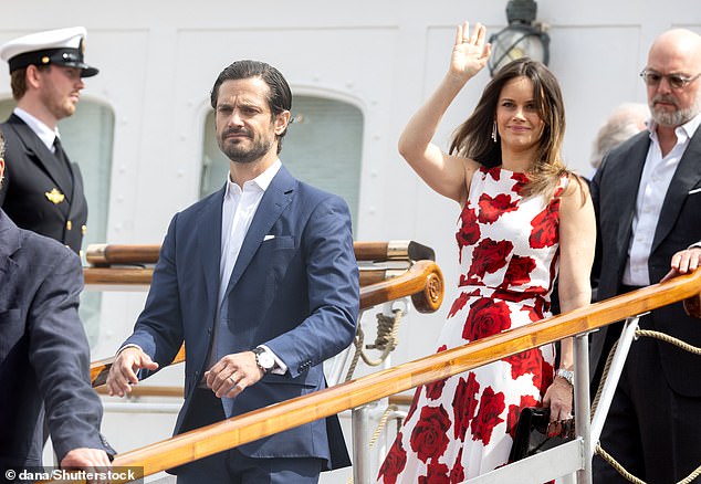 For Queen Silvia's birthday boat party, Princess Sofia opted for a striking red and white floral dress