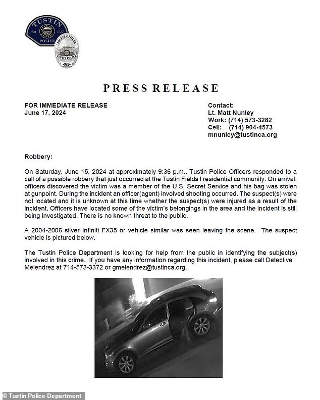 The Tustin Police Department issued a press release detailing the Saturday night armed robbery of a Secret Service agent. The officer fired his gun during the attack. The incident remains under investigation