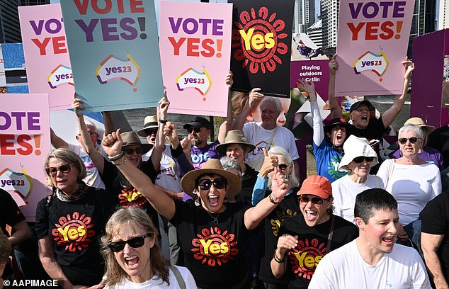 There are concerns that children are being exposed to political ideology in childcare through the federal government curriculum (pictured: a Voice to Parliament rally in 2023).