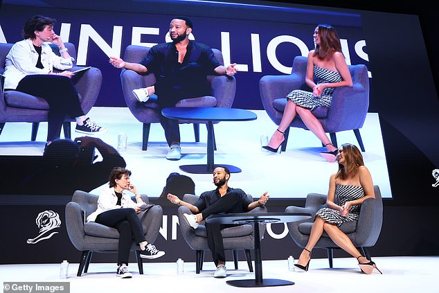 The singer-songwriter looked dapper in a silver shirt and pants as he chatted on stage with model and host Kara Swisher.