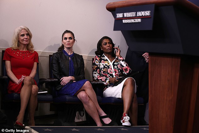 Omarosa (right) appears in the White House briefing room in February 2017, a month into the Trump administration, alongside counselor to the president Kellyanne Conway (left) and communications director Hope Hicks (center). strategic.