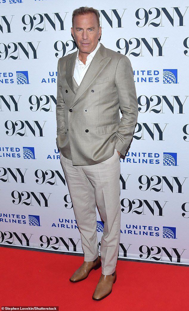 Costner donned a bright gray double-breasted suit jacket over a white button-down shirt, light gray pants, and brown boots for the screening at 92NY.