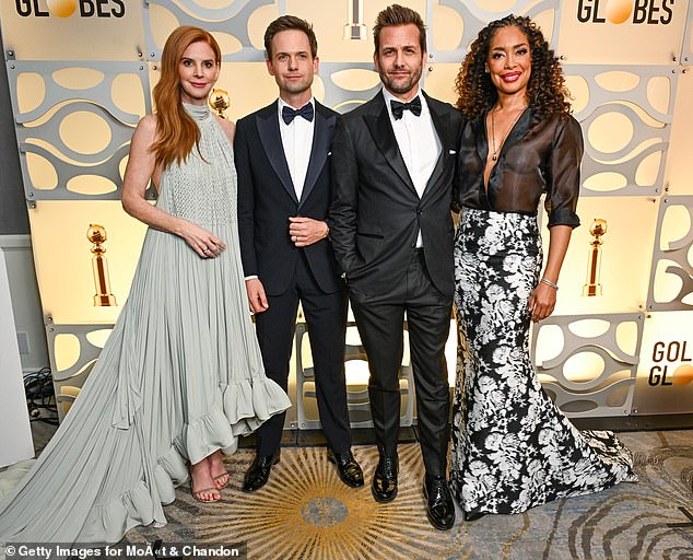 Pictured: Suits stars Sarah Rafferty, Patrick J. Adams, Gabriel Macht and Gina Torres attending the Golden Globes in January.