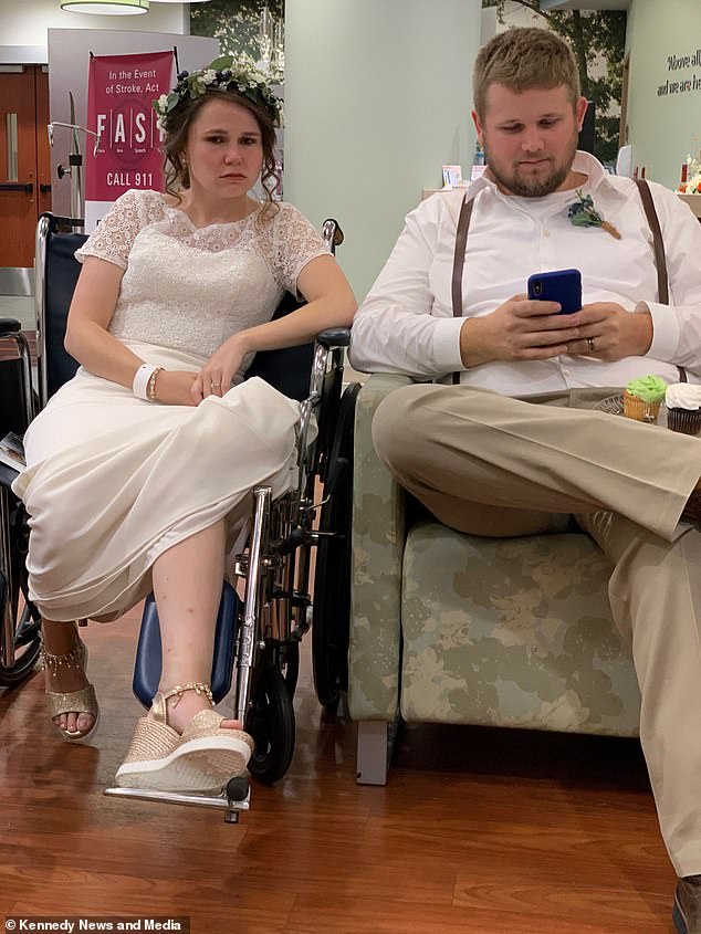 The couple, who had only been married for an hour, were devastated as they had to leave their 150 guests behind at the venue and rush to the hospital where they waited in the emergency room (pictured) while their loved ones celebrated.