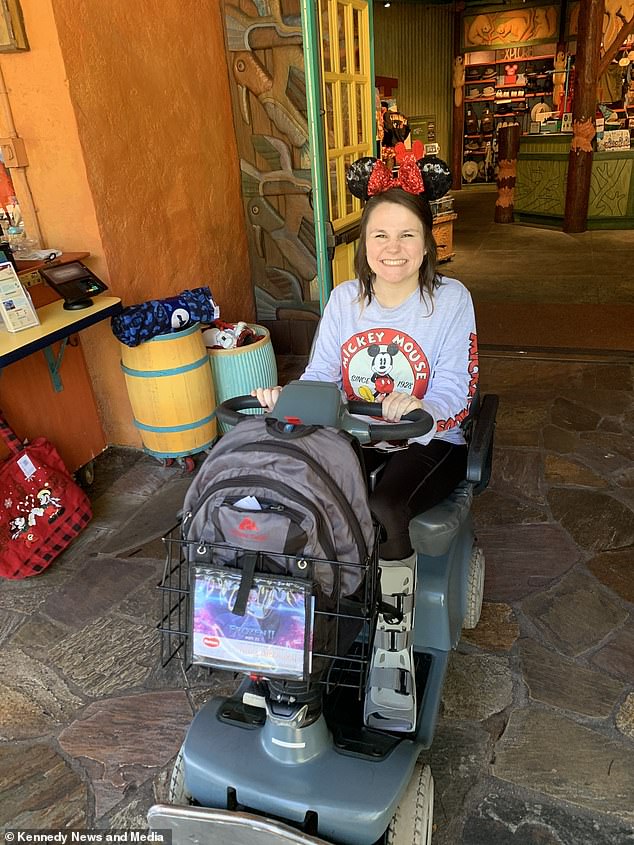 The couple arrived on their honeymoon to Disney World Florida six weeks later than planned, with Mary touring the attractions on a mobility scooter.