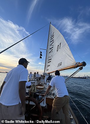 The boat departs from Tribeca's North Cove Marina, considered one of the most beautiful mega yacht marinas in New York, with the docking areas framed by mature trees and views of New Jersey beyond.