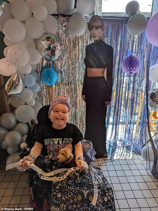 Florence appears in the photo wearing a Taylor Swift t-shirt along with balloons and a cutout of the famous singer.