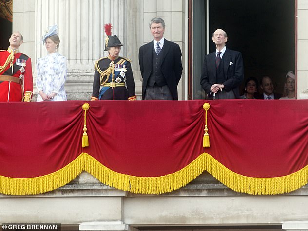 Lady Gabriella stood back from the balcony, where (pictured left to right) Princess Anne, Vice-Admiral Sir Timothy Lawrence and the Duke of Kent stood. Today she will join the Princess Royal in the carriage procession at the society event.