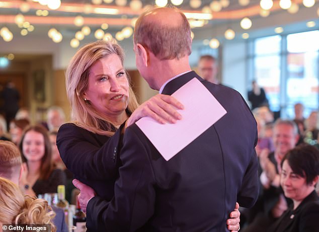 Prince Edward hugs Sophie after she gave a speech on International Women's Day.