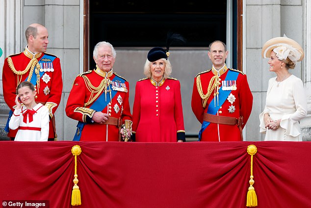 Prince William, Princess Charlotte, King Charles, Queen Camilla, Prince Edward and Sophie watch the RAF fly-by in 2023