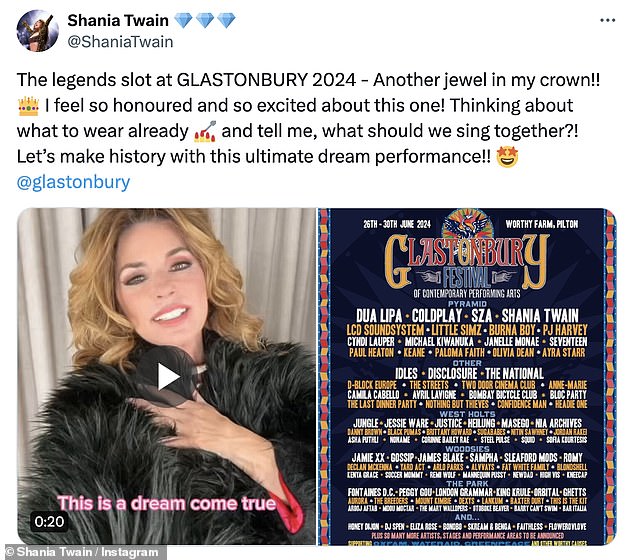 Posting a message to X, Shania wrote: 'The legend space at GLASTONBURY 2024: Another jewel in my crown!! I feel very honored and excited about this!'