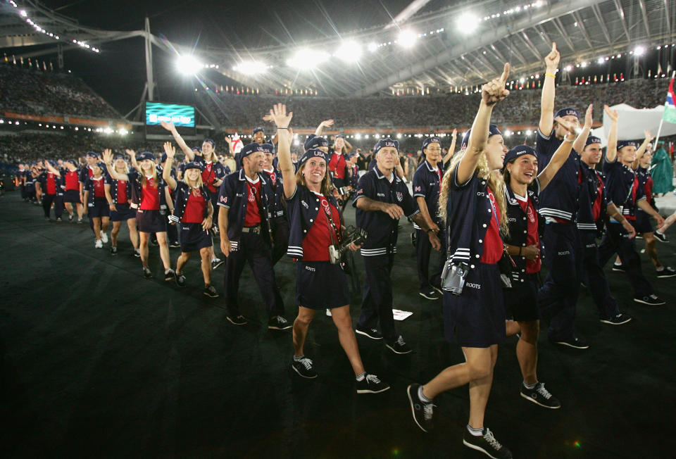 ATHENS - AUGUST 13: Team USA acknowledges the crowd as they walk onto the field during the opening ceremony of the Athens 2004 Summer Olympic Games on August 13, 2004 at the Olympic Stadium Sports Complex in Athens, Greece. (Photo by Michael Steele/Getty Images)