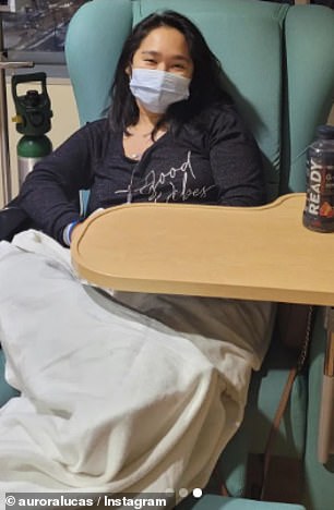 Mrs. Lucas pictured during her 17th day of radiation treatment and her second day of chemotherapy.