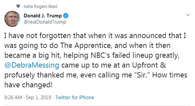 During his years in the White House, Trump was aware of Debra Messing's negative tweets about him and responded in September 2019, recalling the story that he would later divulge to author Ramin Setoodeh.