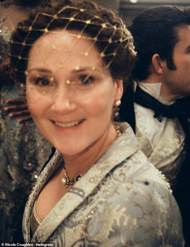 Ruth Gemmell, who plays Lady Violet Bridgerton, smiled for the camera