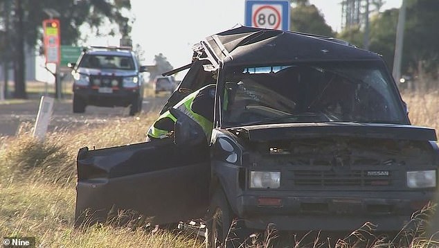 A family friend told Daily Mail Australia the Harrises were regular commuters to Dalby, where they were heading on Monday when tragedy struck (pictured: the aftermath of the crash).