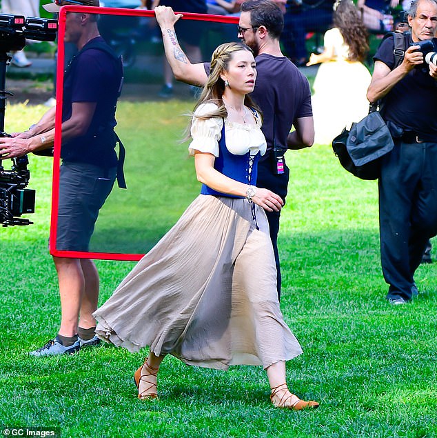 The singer's wife, Jessica Biel, is seen here filming 'The Better Sister' in Manhattan on Monday.