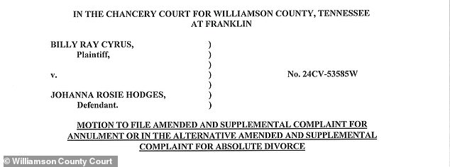 DailyMail.com obtained a copy of a legal filing that Cyrus' attorneys submitted to the Williamson County, Tennessee, court on Monday.