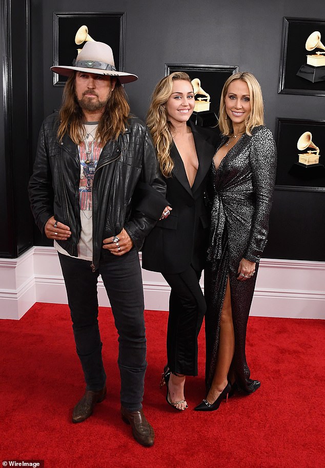 Billy Ray Cyrus, Miley Cyrus and Tish Cyrus photographed at the 2019 Grammys in Los Angeles