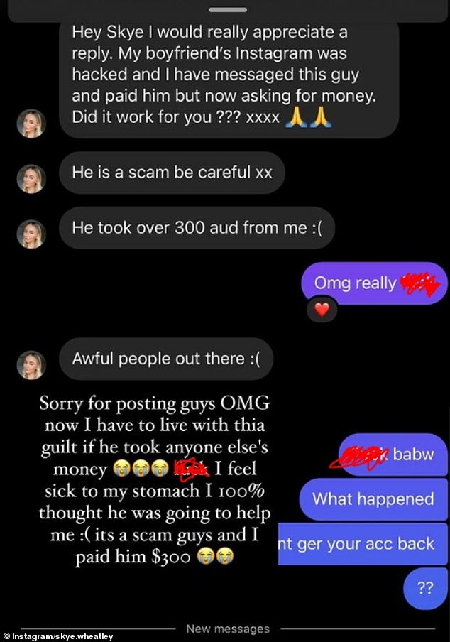 Skye apologized as she shared a message exchange with a fan that revealed her boyfriend had been a victim of the alleged scammer.