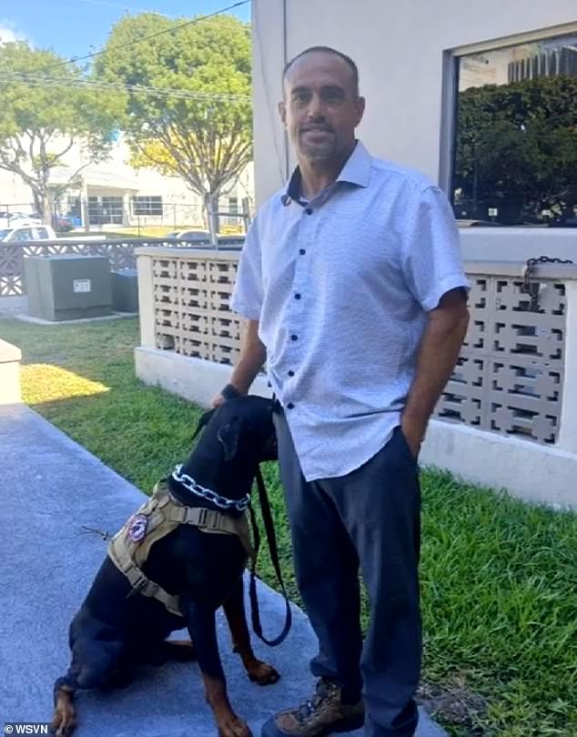 Kodi Vidrine, a forty-three-year-old maintenance worker, allegedly kicked his three-and-a-half-year-old Dobermann into the bay Friday on the west side of Brickell Key.