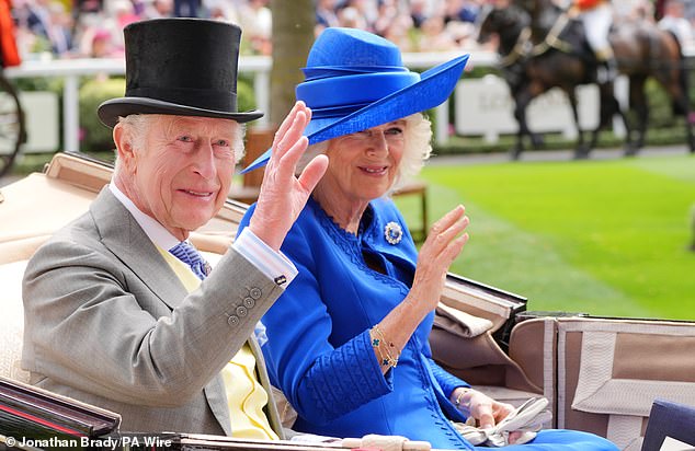 King Charles and Queen Camilla were photographed waving to the crowd as they arrived at Royal Ascot on Tuesday.