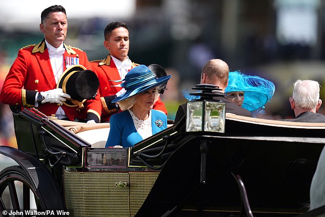 Queen Camilla is seen sitting opposite Prince William at Royal Ascot today.