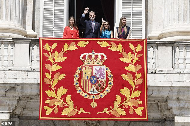 Pictured: King Felipe, Queen Letizia, Princess Leonor and Princess Sofia greeting royal fans.