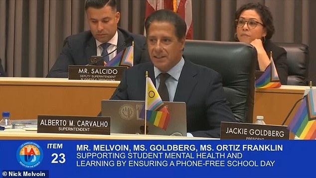 The resolution, co-sponsored by Board President Jackie Goldberg, Board Member Kelly Gonez and Board Member Tanya Ortiz Franklin, calls for the development of a comprehensive policy to enforce the ban. In the photo: Superintendent Albert Carvalho