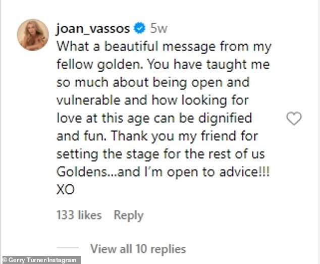 The 61-year-old private school administrator responded: 'What a beautiful message from my partner Golden. You've taught me a lot about how to be open and vulnerable and how looking for love at this age can be dignified and fun. Thank you, my friend, for setting the stage for the rest of us Goldens... and I'm open to advice!'