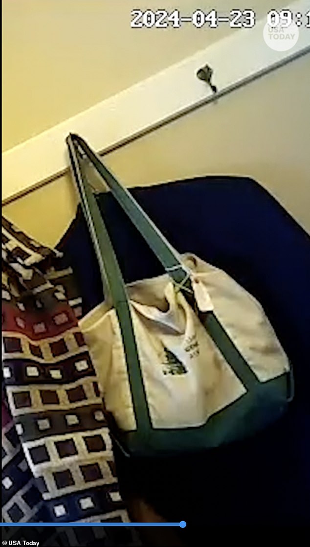 Carroll set up a video camera behind a scarf on the opposite wall and captured Morrissey pouring water from a glass into the bag on April 23 and 26.