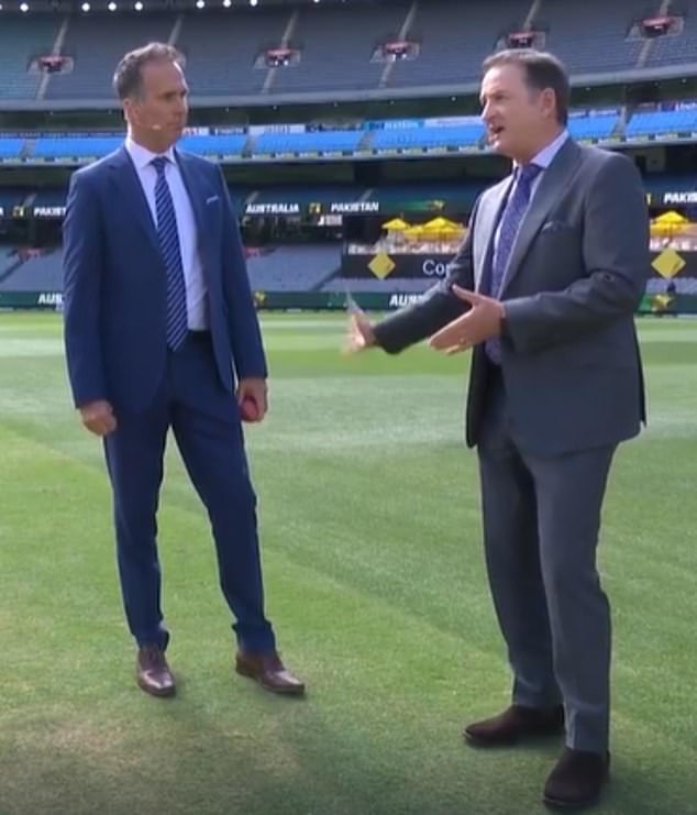 The 49-year-old is pictured left with fellow commentator and Australian cricket great Mark Waugh in last year's Boxing Day Test. Vaughan's condition prevented him from picking up a microphone during the match and, as a result, he was sent to the hospital.