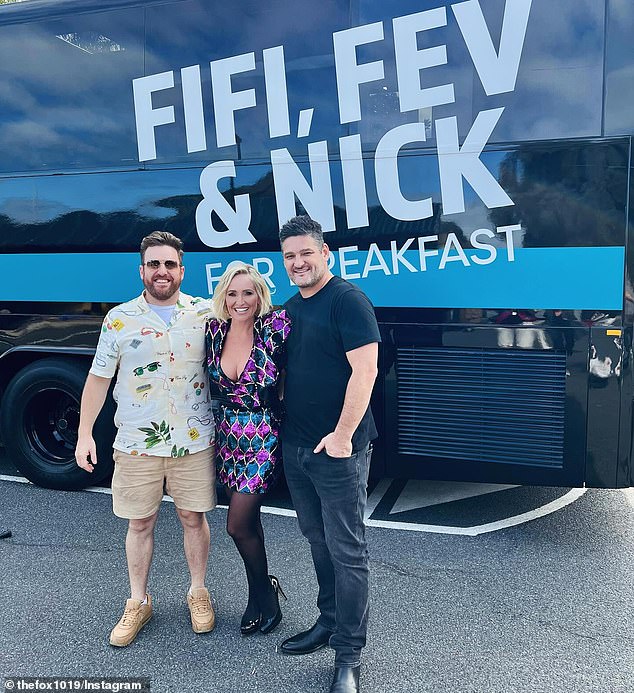 Hit Network is also home to Carrie Bickmore and Tommy Little's popular hosting show, and Kyle and Jackie O's rival show Fifi, Fev and Nick (pictured).