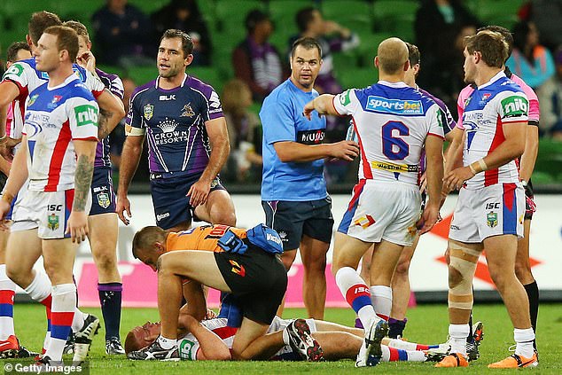 Alex McKinnon was left paralyzed after a tackle in an NRL match for the Knights against Melbourne Storm (pictured) in 2014.