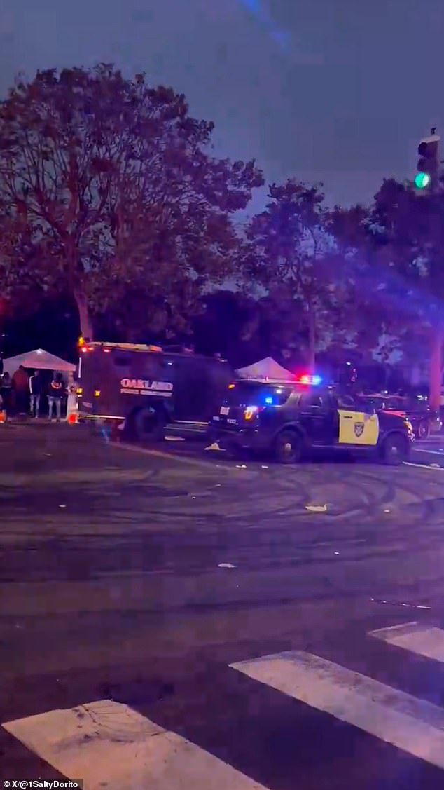 The violent incident occurred after a largely peaceful Juneteenth celebration that drew about 5,000 people near the lake that same afternoon. Pictured: Multiple police units responded to the shooting.